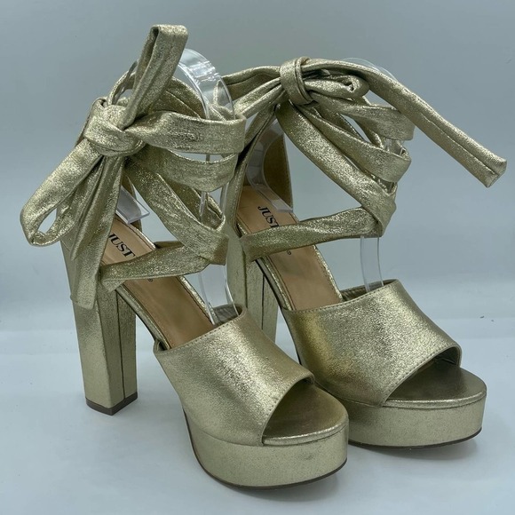 Gold Faux Leather Ankle Tie Sandal Heels Size 7 - Picture 16 of 16